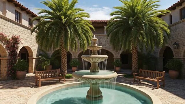 Courtyard with palm trees and fountain. 4k video
