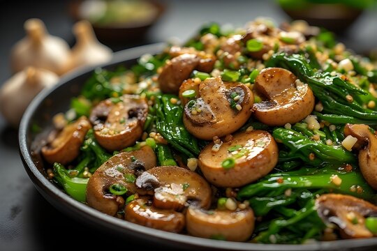 garlic mushroom and bok choy stir-fry in a bowl