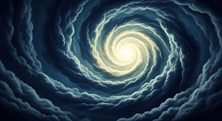 A swirling vortex of clouds with a bright light at the center of the storm