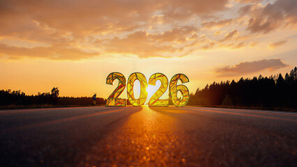 2026 New Year Journey Concept with Golden Numbers on Road at Sunrise, 2026 New Year Future Journey and Celebration at Golden Sunset.