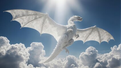 Majestic White Dragon Soaring Through the Cloudy Sky.