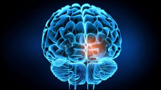 Ischemic stroke. Brain injury. Cerebral ischemia. Blood clot. Vascular occlusion. 3D illustration of a human brain highlighting a blood clot