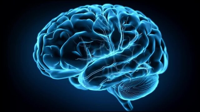 Ischemic stroke. Brain injury. Cerebral ischemia. Blood clot. Vascular occlusion. Digital illustration of a brain with neural activity.