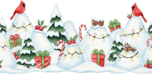 Christmas tree border with snow and red birds isolated on transparent background