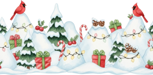 Christmas tree border with snow and red birds isolated on transparent background