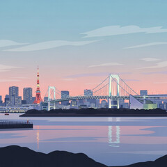 Obraz premium Urban Oasis Serenity: A scenic illustration of a city's skyline, showcasing a vibrant suspension bridge that mirrors its silhouette in the calm water. The composition is bathed in soft.