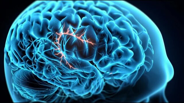 Ischemic stroke. Brain injury. Cerebral ischemia. Blood clot. Vascular occlusion. Illustration of a brain showing ischemic stroke activity.