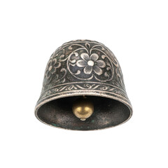 Intricate vintage silver bell with floral engravings isolated on transparent background