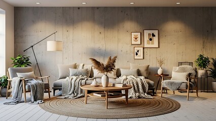 Hygge Meets Industrial: Cozy Scandinavian Living Room Interior Design with Textured Concrete Wall, Warm Neutral Tones, Comfortable Sofa, Modern Furniture, and Natural Wood Accents.
