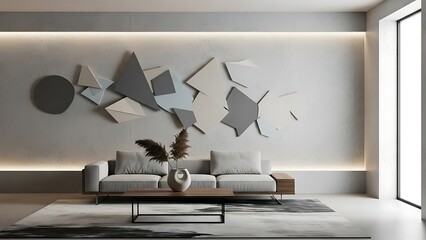 Sophisticated Contemporary Living Space: Minimalist White Sofa, Sleek Coffee Table, and Avant-Garde Abstract Art Installation on Textured Concrete Wall with Ambient Lighting.