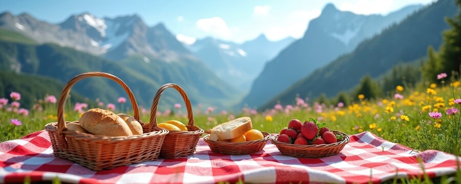 Picnic baskets with bread fruit on red checkered blanket in mountain meadow. Flowers bloom around, serene landscape provides scenic backdrop for outdoor meal.