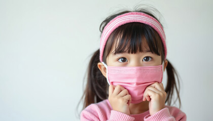 Little girl wears pink face mask and headband. She adjusts mask, practicing safety and protection from virus. Child stays healthy indoors, preventing illness spread during pandemic.