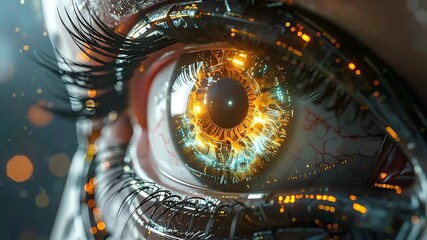 Close up of a futuristic cyborg eye with intricate details and glowing circuits.