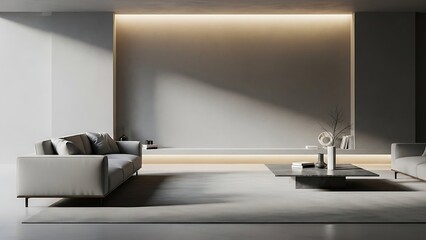Ultra-Modern Minimalist Living Room Interior Design with Concrete Walls, Soft Backlighting, and Elegant Grey Furniture: Perfect Luxury Home Mockup Background.