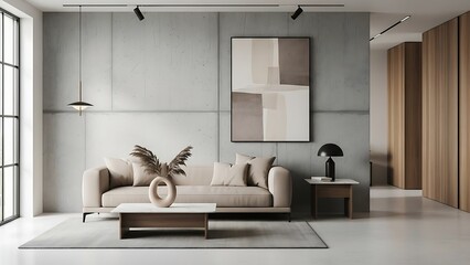 Stunning Minimalist Living Room Interior: Beige Sofa Against Textured Concrete Wall, Modern Neutral Decor, Architectural Design Render for Luxury Home and Apartment Spaces.