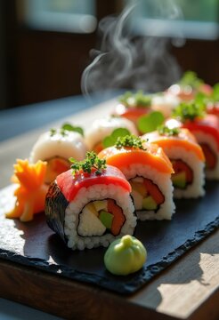 Artfully Arranged Sushi Rolls with Wasabi and Ginger Garnishes on a Minimalistic Slate Surface