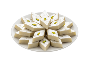 Delicious barfi sweets arranged on white plate
