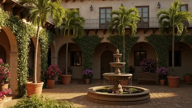 Courtyard with palm trees and fountain. 4k video