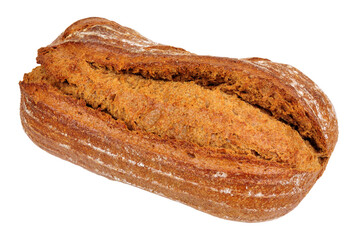 Crusty rye and spelt sourdough bloomer bread loaf isolated on a white background