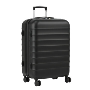 Modern transparent rolling suitcase with telescopic handle isolated on a transparent backdrop