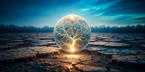 A luminous orb containing an intricate tree-like structure rests on cracked earth, symbolizing resilience and the enduring power of nature