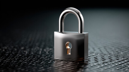 Fototapeta premium Shiny padlock on textured surface, metal lock with keyhole symbolizing security and protection, cyber security concept with reflective metal and bokeh lighting