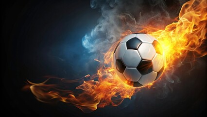 Fototapeta premium Fiery Soccer Ball in Motion A Dynamic Image of a Burning Sphere Traversing a Trail of Blazing Flames and Smoky Trails
