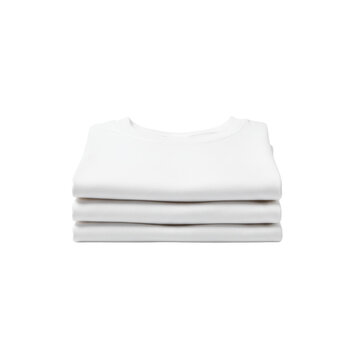 Neatly folded stack of plain white crew neck t-shirts isolated on transparent background