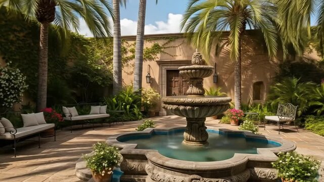 Courtyard with palm trees and fountain. 4k video