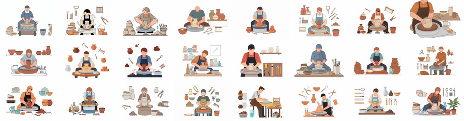 Fototapeta premium Vector Illustration Set of Potters Working on Pottery Wheels, Crafting Handmade Ceramic Vessels, Vases, and Bowls in a Studio Environment.