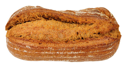 Crusty rye and spelt sourdough bloomer bread loaf isolated on a white background