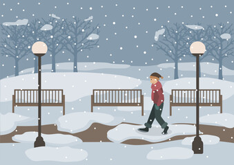 People walking in the park with snow. Snowflake in winter season vector illustration.