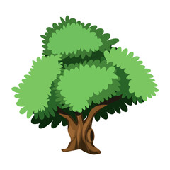 Isolated hand drawing stylized cartoon tree with green leaves on white background.