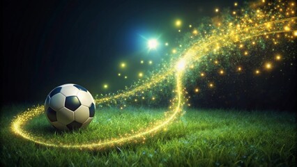 Naklejka premium Magical Soccer Ball on Glowing Grass Field with Sparkling Trail of Light
