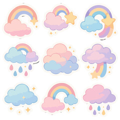 Obraz premium Whimsical rainbow and cloud stickers with stars and raindrops.