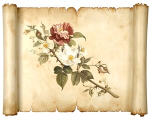 Antique scroll with detailed floral illustration, blossoms, and leaves