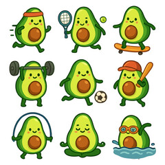 Avocado characters engaging in various sports and fitness activities.