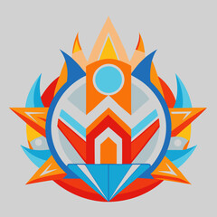 Vibrant abstract emblem with dynamic geometric shapes and bold colors