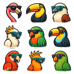 Fototapeta premium Colorful cartoon birds wearing sunglasses variety collection.