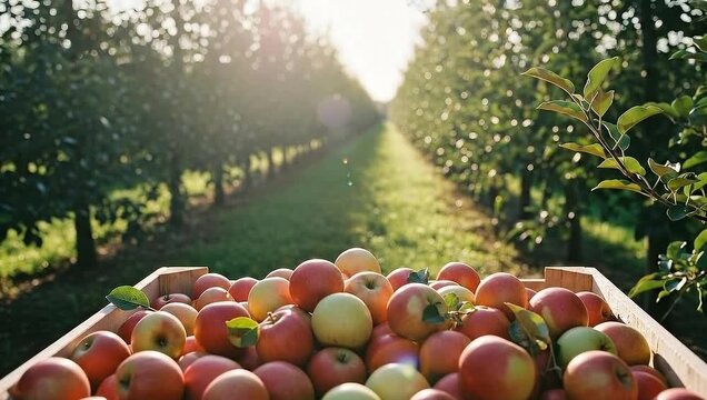 Freshly Harvested Apples in a Crate at an Orchard During Golden Hour.