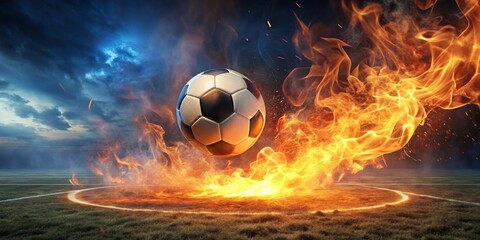Fototapeta premium Fiery Football Action A Dramatic Image of a Soccer Ball Soaring Through Flames on a Field