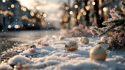 Festive Christmas scene with snow-covered ornaments and blurred bokeh lights