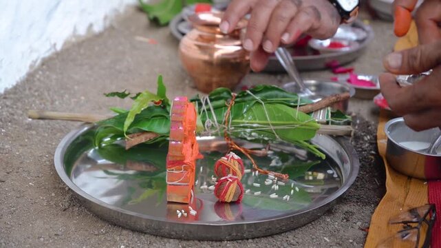 Authentic scene of a traditional Indian marriage vidhi, capturing sacred rituals performed around the holy fire (Agni) under a decorated mandap