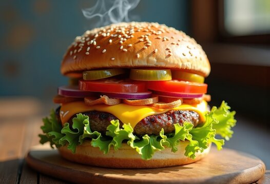 Juicy Cheeseburger Loaded with Crisp Lettuce, Sliced Tomato, Tangy Pickle, and Crunchy Onion on a Toasted Bun