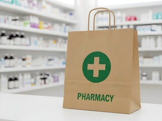 first aid box, Eco-friendly paper bag with green cross and pharmacy text on counter in pharmacy store. Blurred background with shelves of medicine and health products. Brown bag with handles on white 
