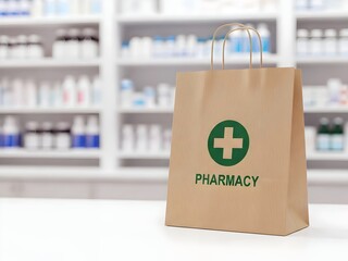 first aid box, Eco-friendly paper bag with green cross and pharmacy text on counter in pharmacy store. Blurred background with shelves of medicine and health products. Brown bag with handles on white 