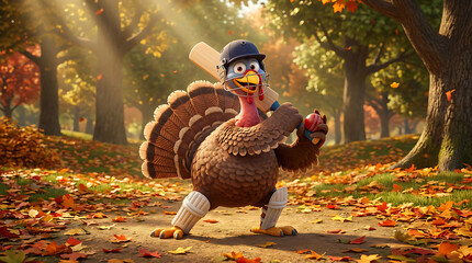 Turkey sport cartoon character in autumn park