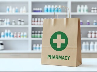 first aid box, Eco-friendly paper bag with green cross and pharmacy text on counter in pharmacy store. Blurred background with shelves of medicine and health products. Brown bag with handles on white 