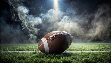 A lone football rests on the field, smoke billowing in the stadium's dramatic spotlight, anticipation hangs heavy in the air before the game