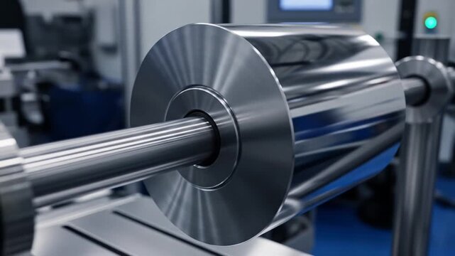 Close-up of shiny metallic film roll on a rotating shaft in industrial production